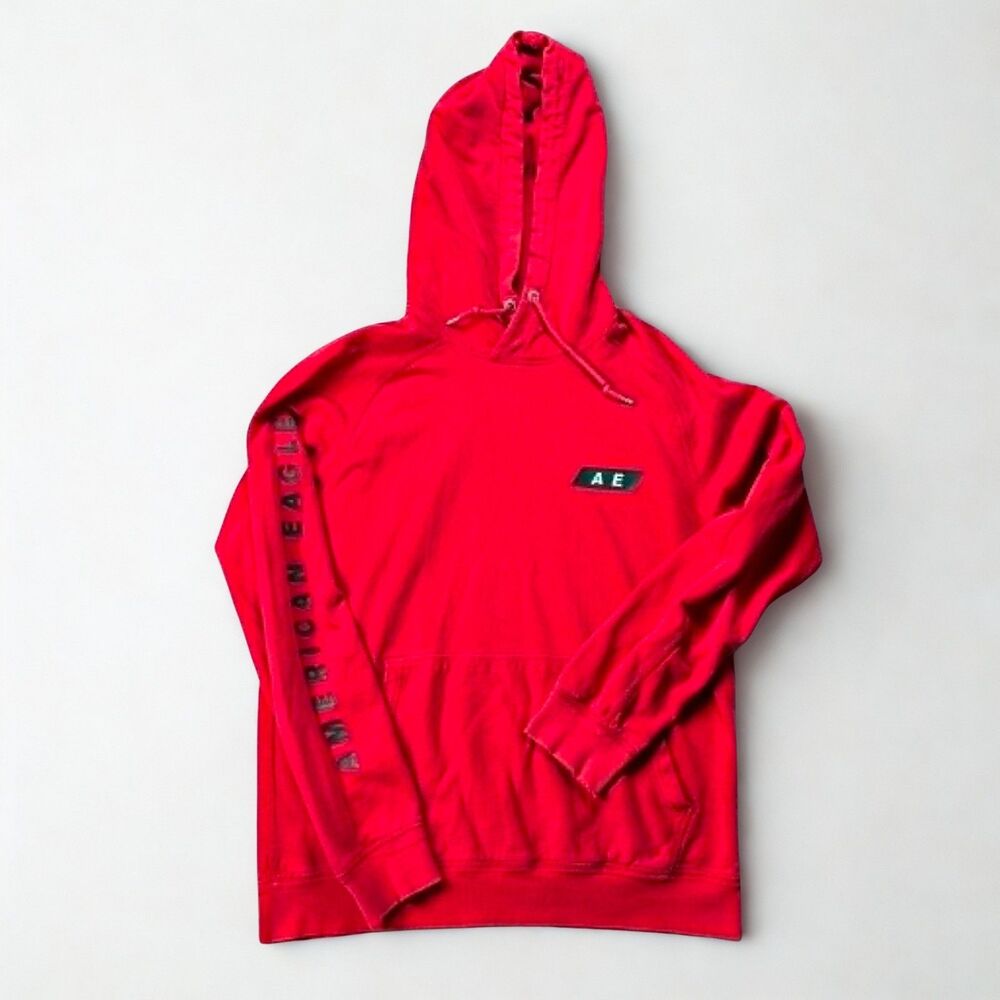 American Eagle Outfitters Mens Medium Red Pullover Hoodie Logo Graphic Sleeve